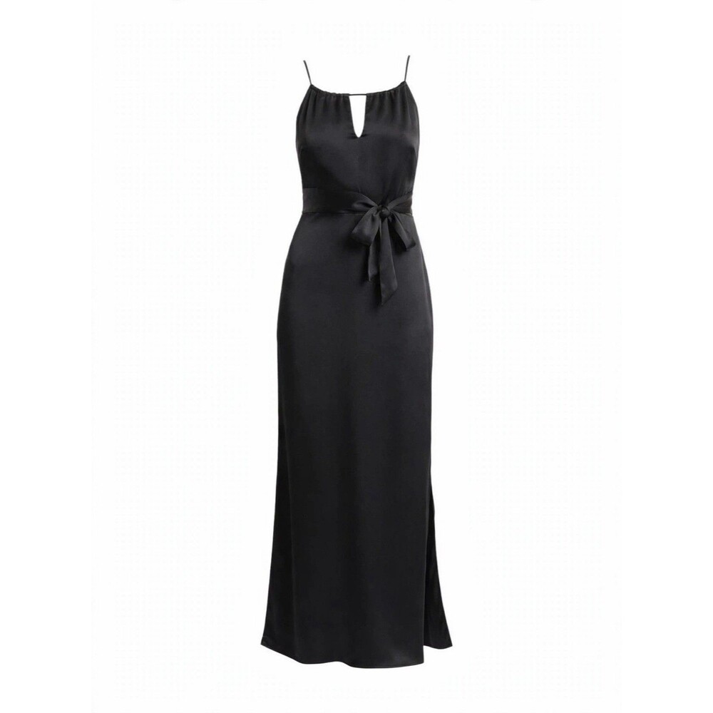 Kannada M Black Satin Halter Keyhole Maxi Dress Tie Waist Slit